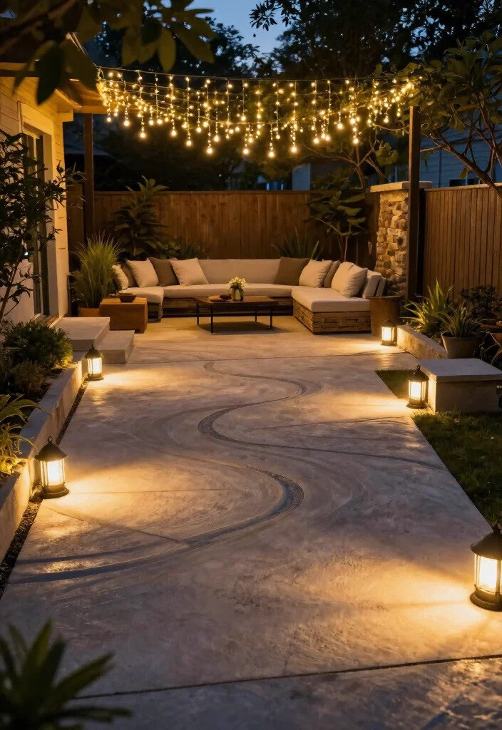 12 Backyard Cement Patio Ideas for Durable Modern Spaces - 11. Dynamic Lighting 1