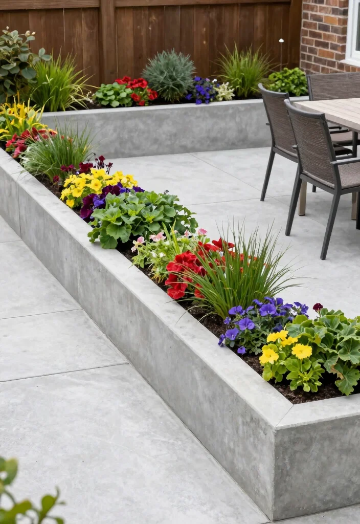 12 Backyard Cement Patio Ideas for Durable Modern Spaces - 8. Integrated Planters 1