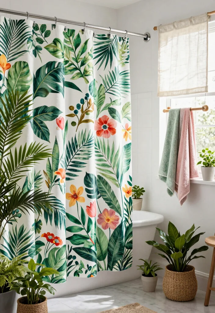 12 Bathroom Ideas With Shower Curtain for Easy Updates - 1. Vibrant Botanical Prints 1