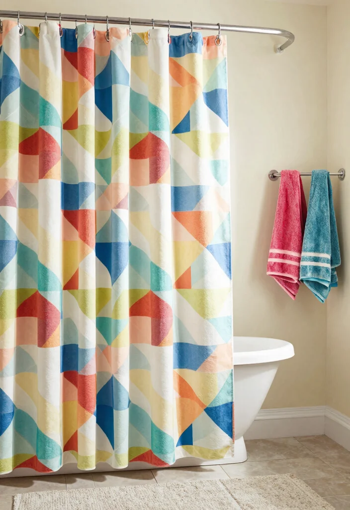 12 Bathroom Ideas With Shower Curtain for Easy Updates - 7. Colorful Geometric Patterns 1