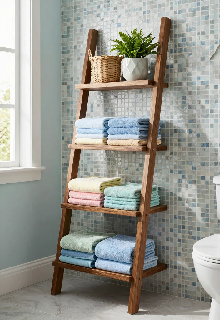 12 Bathroom Shelving Ideas for Smart Organized Storage 12 12 Bathroom Shelving Ideas for Smart Organized Storage - 2. Ladder Shelves for a Charming Touch 1