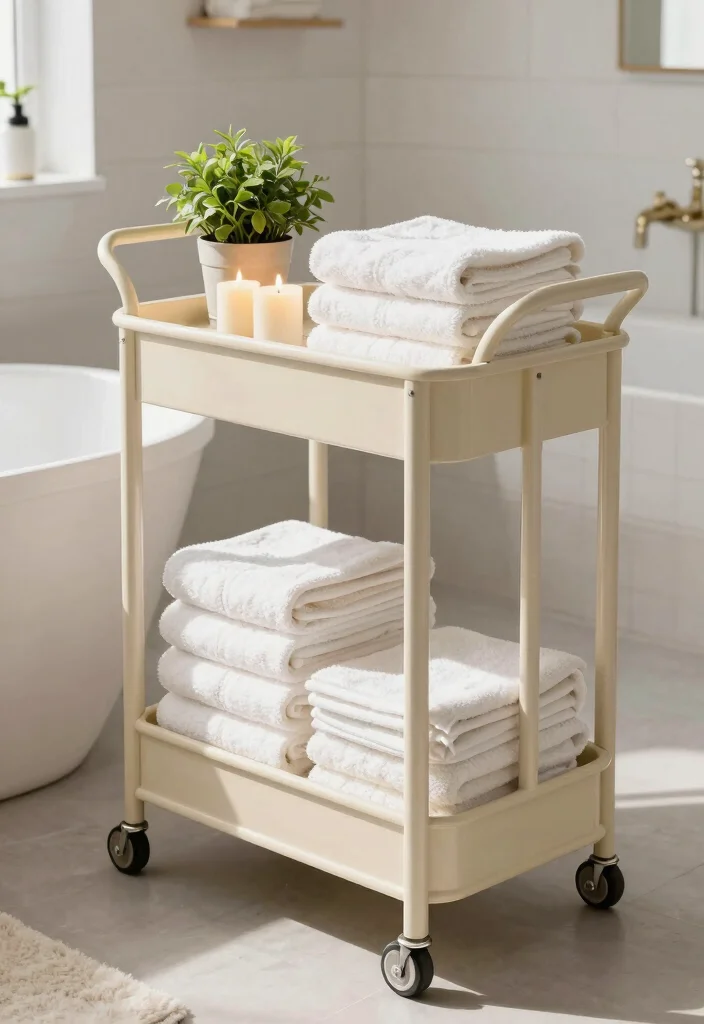 12 Bathroom Shelving Ideas for Smart Organized Storage 34 12 Bathroom Shelving Ideas for Smart Organized Storage - 4. Vintage Cart: Mobility Meets Style 1