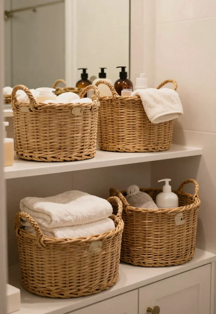 12 Bathroom Shelving Ideas for Smart Organized Storage 67 12 Bathroom Shelving Ideas for Smart Organized Storage - 7. Decorative Baskets for Functional Chic 1