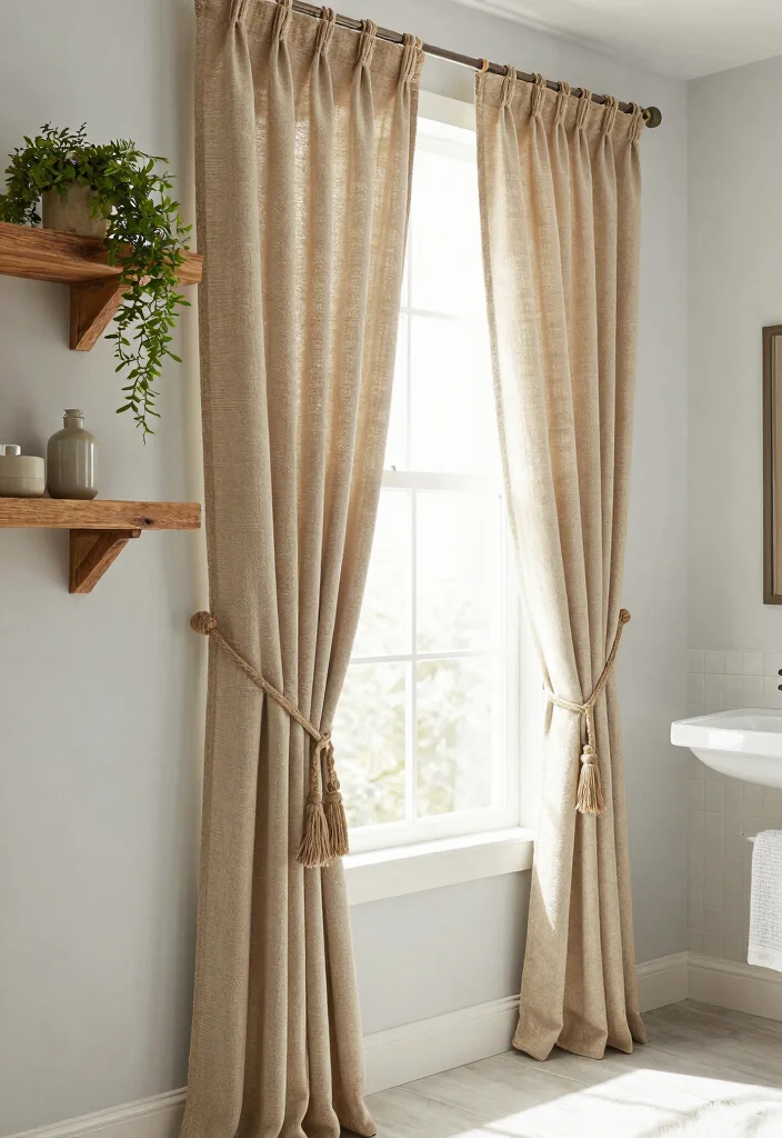 12 Bathroom Window Curtain Ideas for Light and Privacy - 11. Curtain Tiebacks with Natural Elements 1