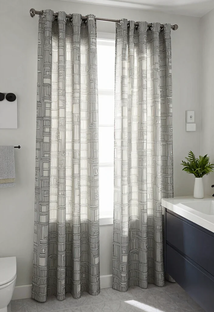 12 Bathroom Window Curtain Ideas for Light and Privacy - 6. Geometric Print Fabric Curtains 1