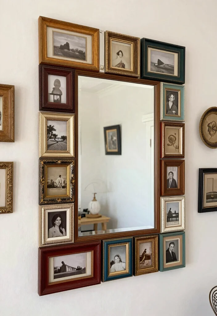 12 Decorative Cover Ideas for Big Mirrors That Blend Seamlessly 122 12 Decorative Cover Ideas for Big Mirrors That Blend Seamlessly - 12. Upcycled Picture Frame Collage 1