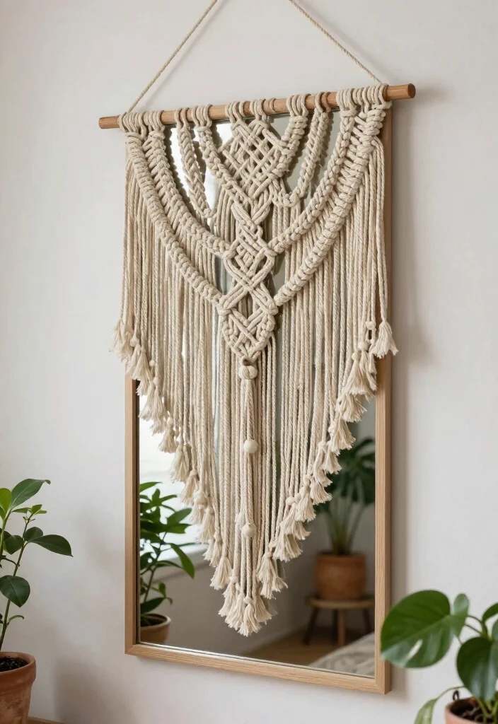 12 Decorative Cover Ideas for Big Mirrors That Blend Seamlessly 23 12 Decorative Cover Ideas for Big Mirrors That Blend Seamlessly - 3. Macramé Hanging 1