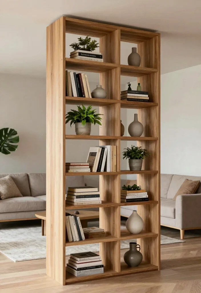 12 Half Wall Divider Ideas to Subtly Separate Shared Spaces 1 12 Half Wall Divider Ideas to Subtly Separate Shared Spaces - 1. Minimalist Shelving Unit 1