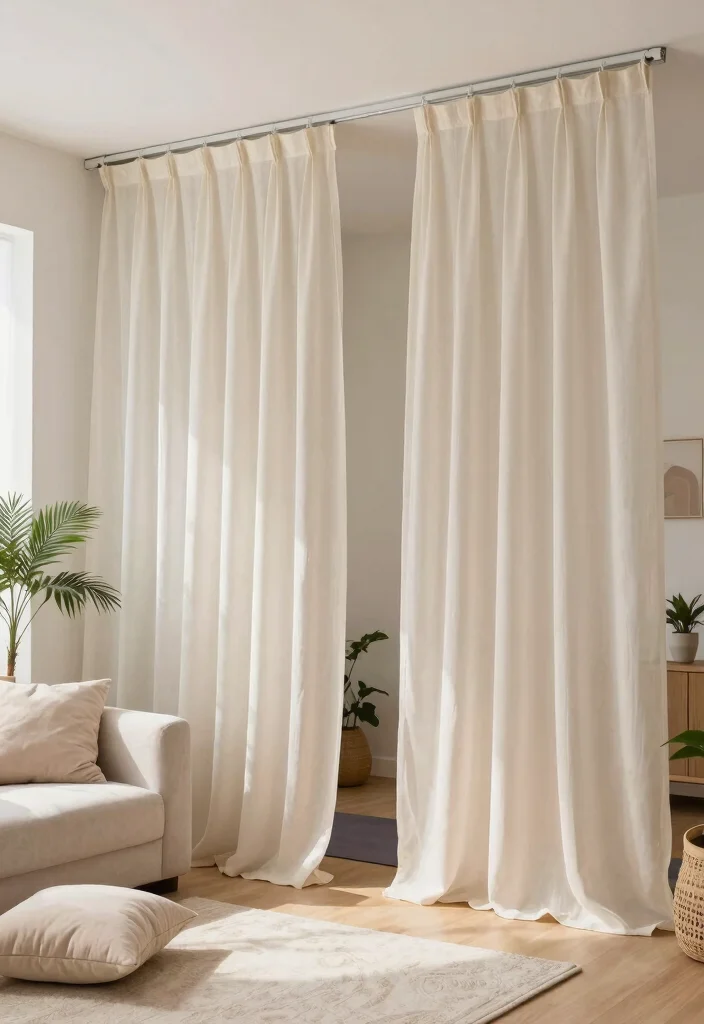 12 Half Wall Divider Ideas to Subtly Separate Shared Spaces 45 12 Half Wall Divider Ideas to Subtly Separate Shared Spaces - 5. Curtain Room Divider for Flexibility 1