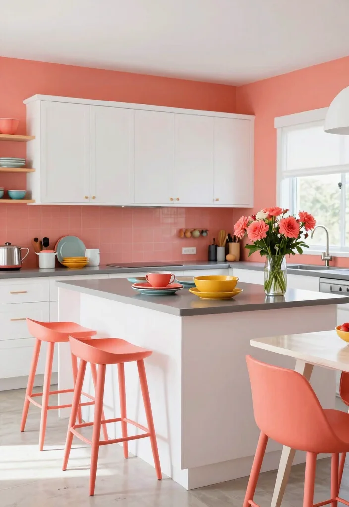 12 Kitchen Colours Ideas to Brighten and Balance the Room - 2. Bright Coral Accents 1