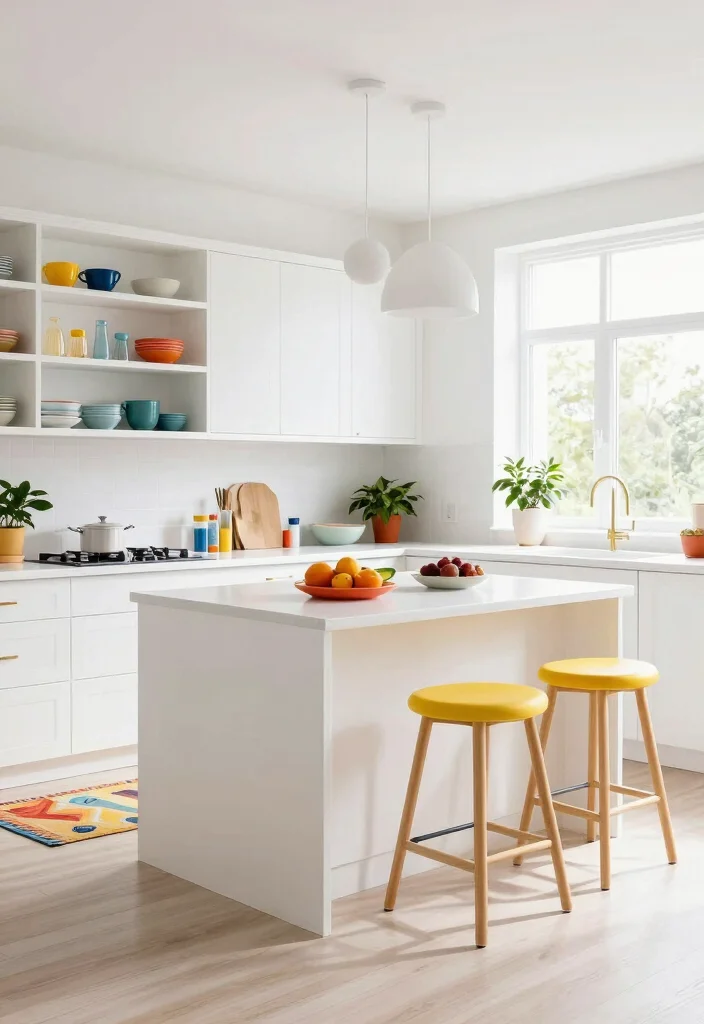 12 Kitchen Colours Ideas to Brighten and Balance the Room - 7. Bright White with Pops of Colour 1