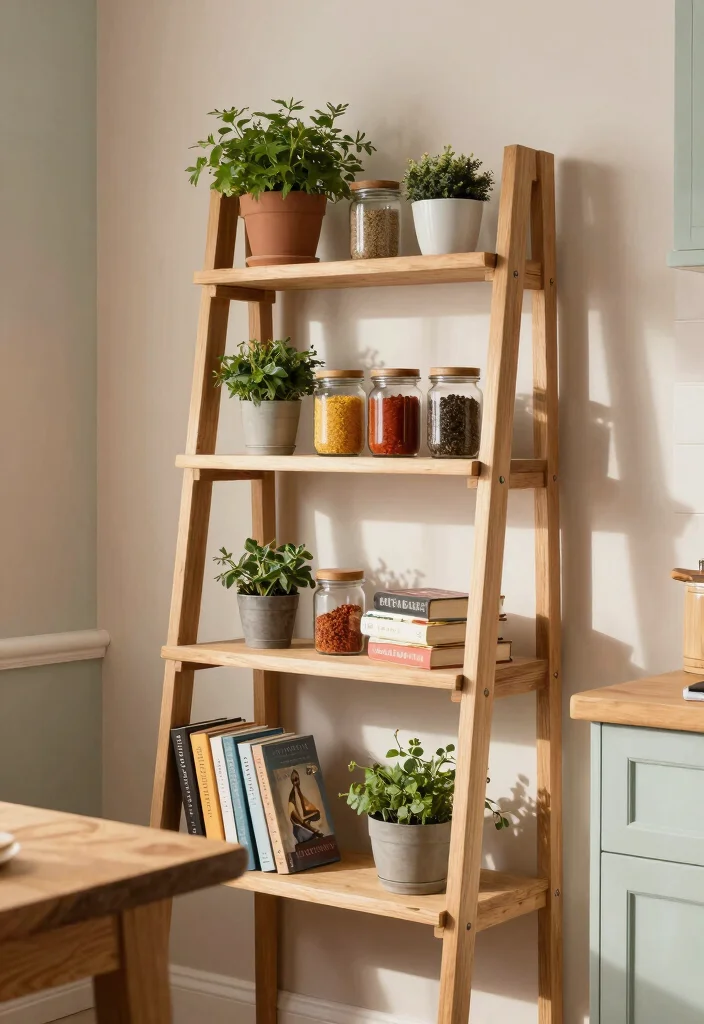12 Kitchen Shelving Ideas for Smarter Everyday Storage 12 12 Kitchen Shelving Ideas for Smarter Everyday Storage - 2. Ladder Shelves for Unique Charm 1