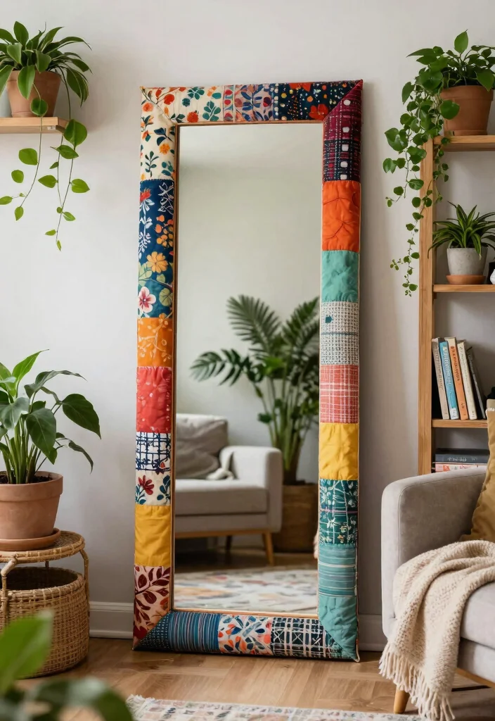 12 Living Room Mirror Covering Solutions for a Clean Updated Look - 1. Upcycled Fabric Panels 1