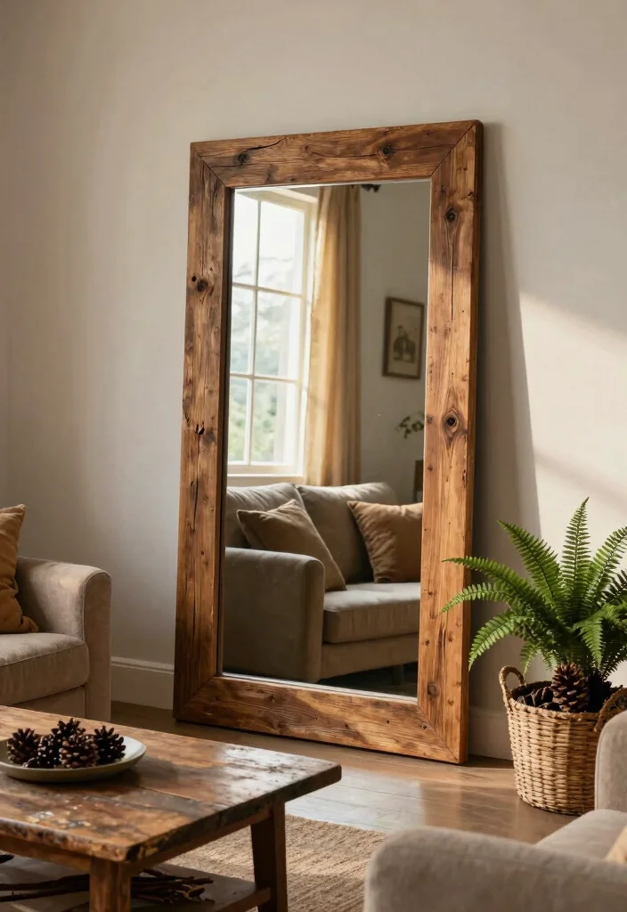 12 Living Room Mirror Covering Solutions for a Clean Updated Look - 2. Rustic Wood Frame Overlay 1