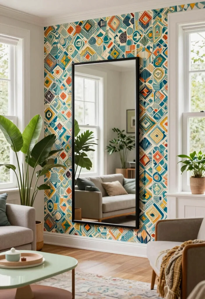 12 Living Room Mirror Covering Solutions for a Clean Updated Look - 3. Stenciled Wallpaper Backing 1