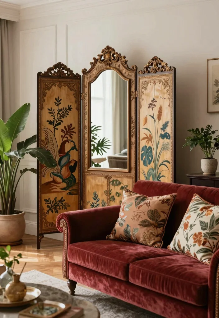 12 Living Room Mirror Covering Solutions for a Clean Updated Look - 8. Vintage Screen Cover 1