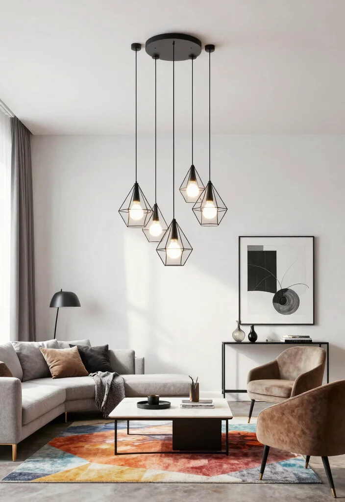 12 Living Room Pendant Light Ideas for Soft Welcoming Glow - 10. Geometric Pendant Lights 1