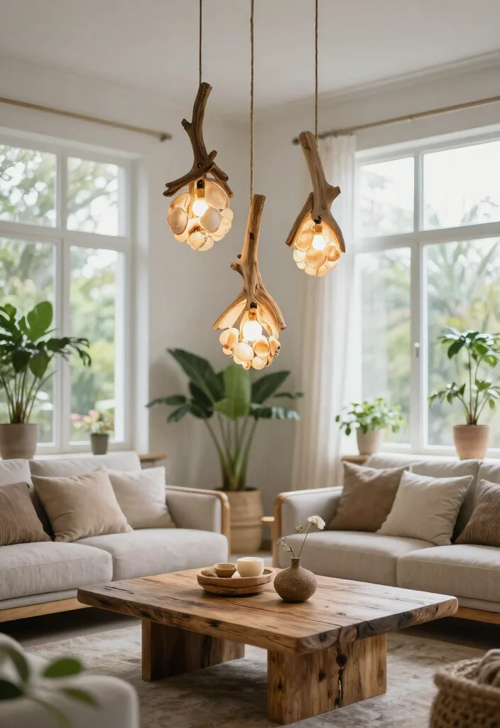 12 Living Room Pendant Light Ideas for Soft Welcoming Glow - 12. Pendant Lights with Natural Elements 1