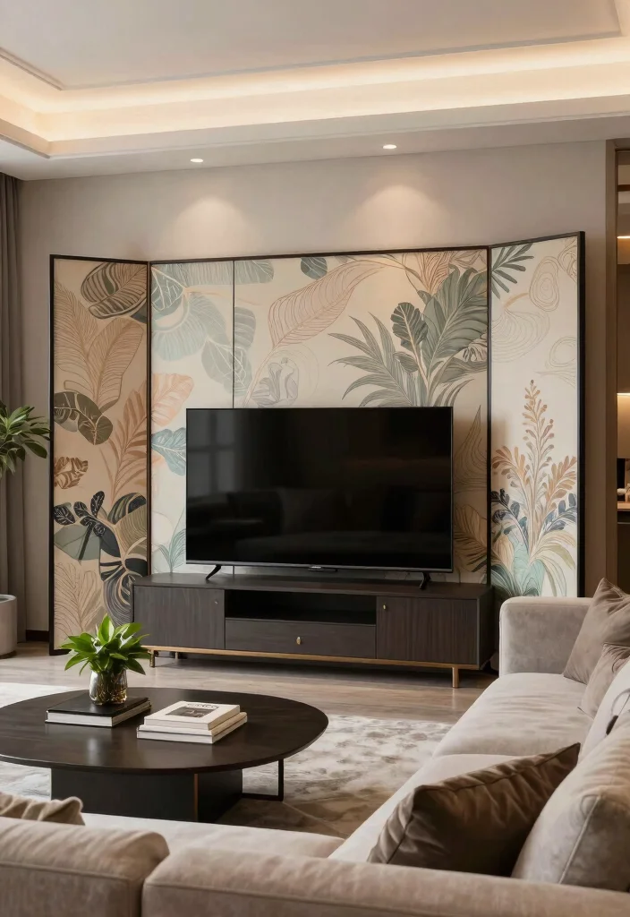 12 Living Room TV Concealment Ideas for a Clean Clutter Free Look - 7. Decorative Screens 1