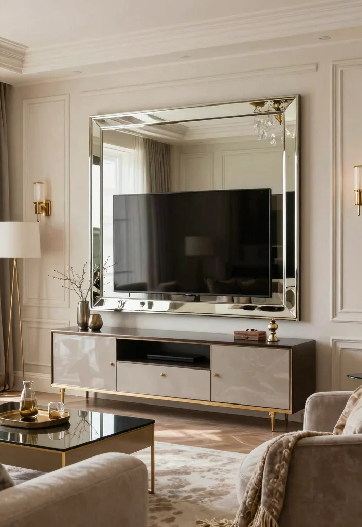 12 Living Room TV Concealment Ideas for a Clean Clutter Free Look - 9. Mirror TV 1