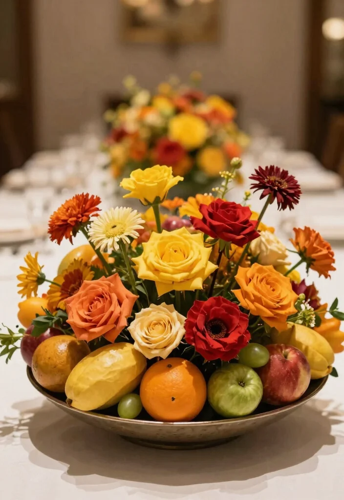 12 Modern Centerpiece Ideas to Elevate Your Dining Table Style 111 12 Modern Centerpiece Ideas to Elevate Your Dining Table Style - 11. Artistic Fruit and Floral Combo 1