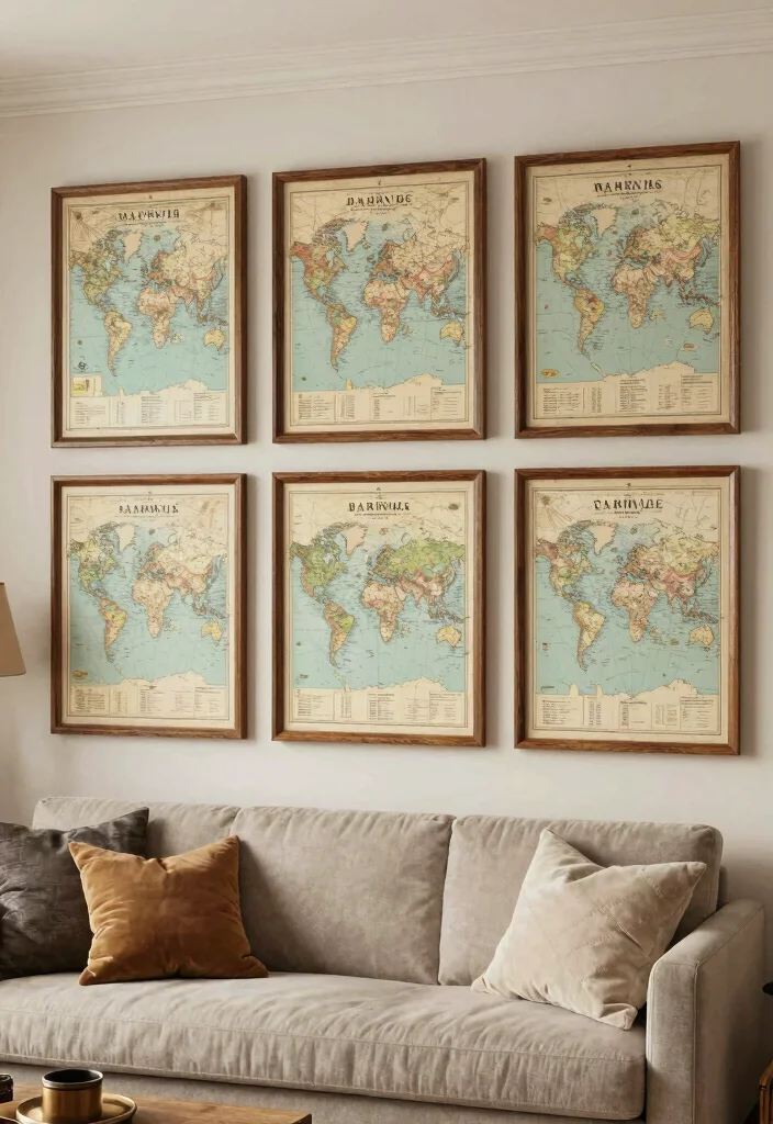 12 Modern Wall Decor Ideas for a Fresh Living Room Update - 12. Vintage Travel Maps 1
