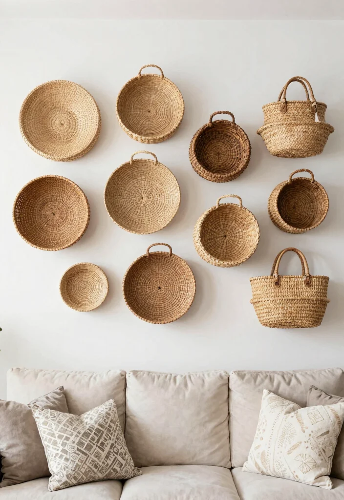12 Modern Wall Decor Ideas for a Fresh Living Room Update - 8. Woven Baskets as Decor 1