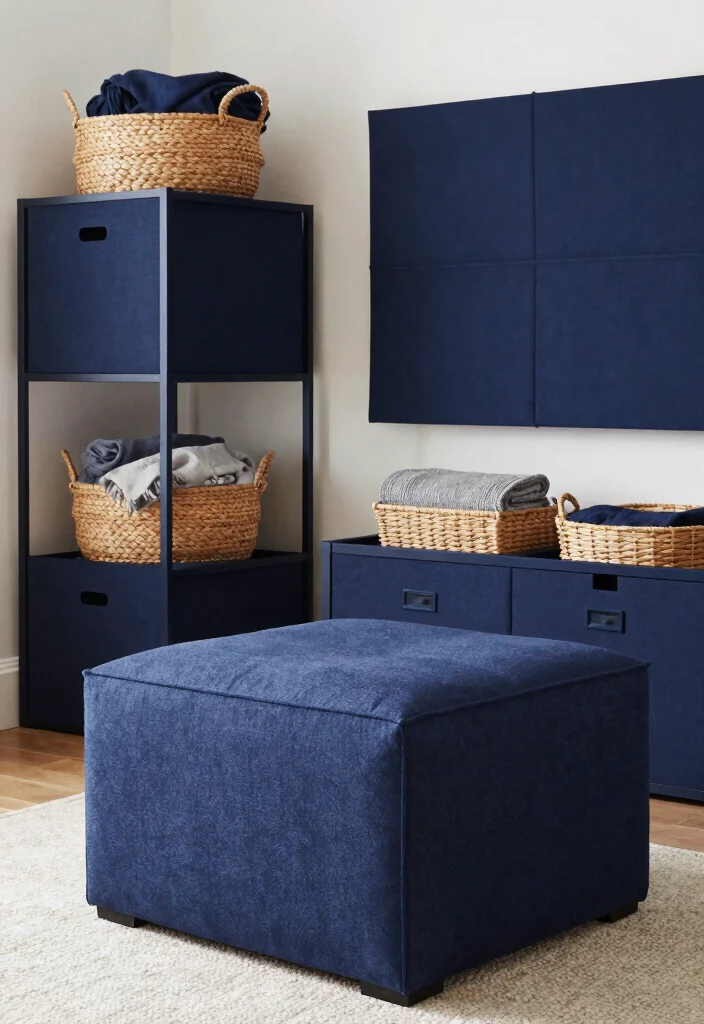 12 Navy Living Room Accents to Create Depth and Warmth - 12. Navy Blue Storage Solutions 1