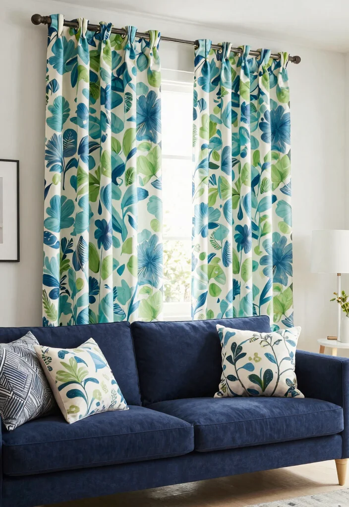12 Navy Sofa Living Room Decor Ideas for a Bold Stylish Space 100 12 Navy Sofa Living Room Decor Ideas for a Bold Stylish Space - 10. Playful Patterns with Curtains 1