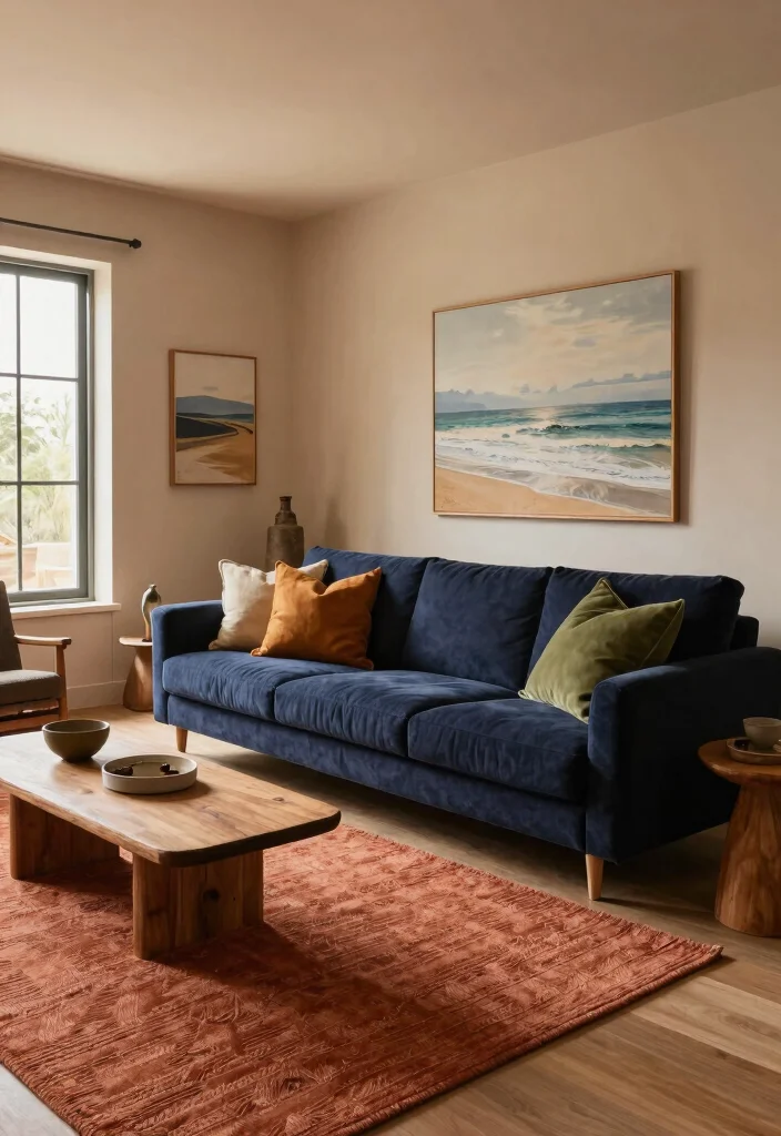 12 Navy Sofa Living Room Decor Ideas for a Bold Stylish Space 12 12 Navy Sofa Living Room Decor Ideas for a Bold Stylish Space - 2. Layering with Warm Earthy Tones 1