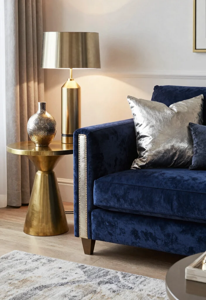 12 Navy Sofa Living Room Decor Ideas for a Bold Stylish Space 67 12 Navy Sofa Living Room Decor Ideas for a Bold Stylish Space - 7. Incorporating Metallic Accents 1