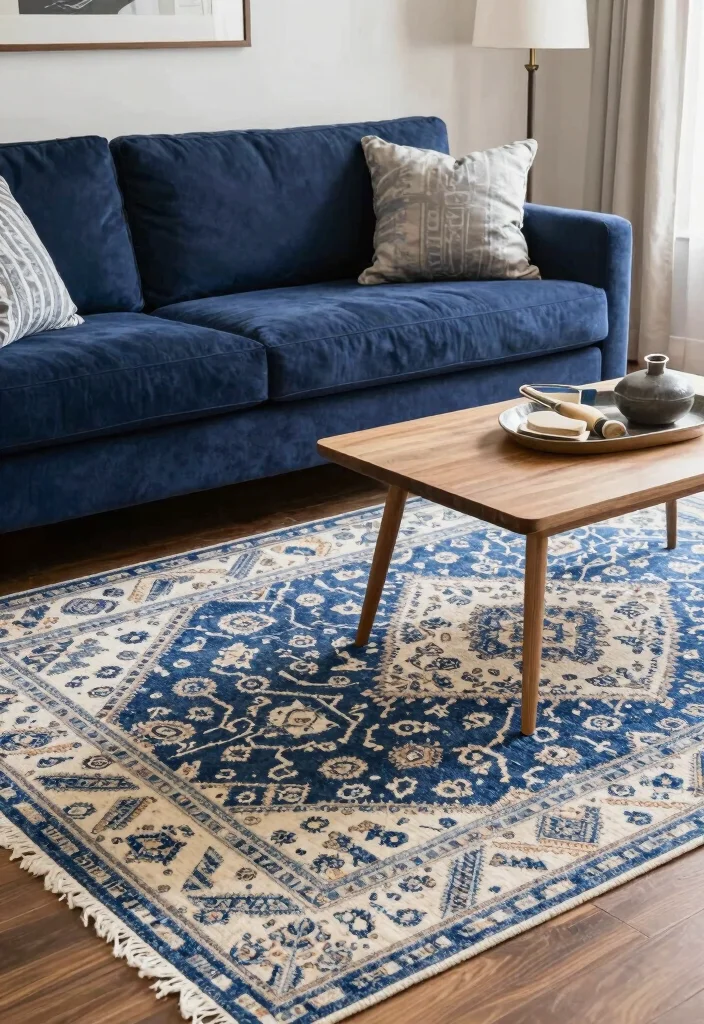 12 Navy Sofa Living Room Decor Ideas for a Bold Stylish Space 78 12 Navy Sofa Living Room Decor Ideas for a Bold Stylish Space - 8. Creative Use of Area Rugs 1
