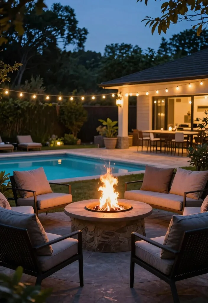12 Small Backyard Pool Ideas for Compact Refreshing Spots 122 12 Small Backyard Pool Ideas for Compact Refreshing Spots - 12. Cozy Fire Pit by the Pool 1