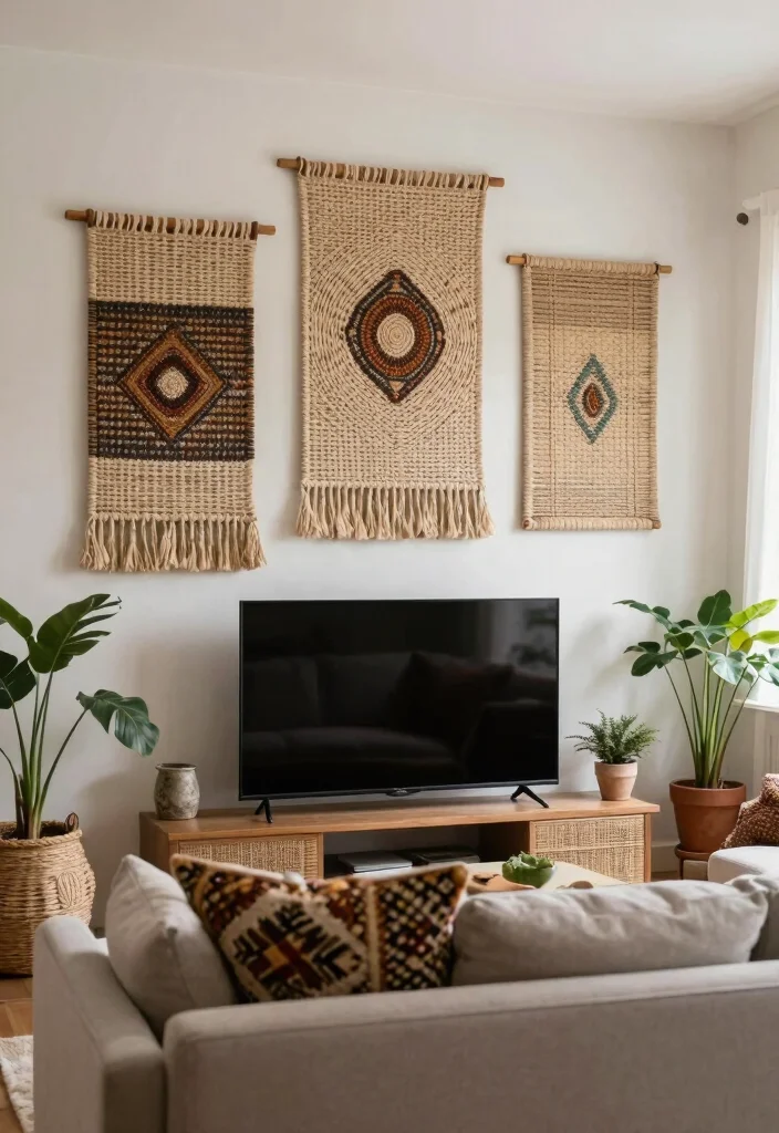 12 Stylish TV Disguise Ideas That Blend Perfectly into Your Decor - 6. Woven Wall Hangings 1