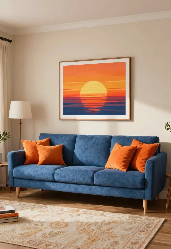 14 Blue Couch Living Room Color Schemes for a Cohesive Look - 12. Sunset Orange: Warmth and Vibrancy 1