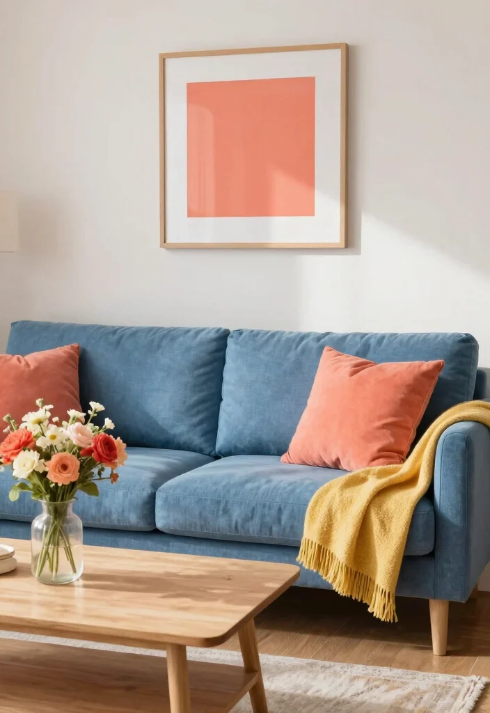 14 Blue Couch Living Room Color Schemes for a Cohesive Look - 3. Rich Coral: A Bold Contrast 1
