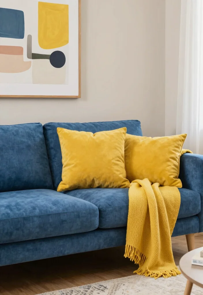 14 Blue Couch Living Room Color Schemes for a Cohesive Look - 6. Mustard Yellow: A Pop of Cheer 1