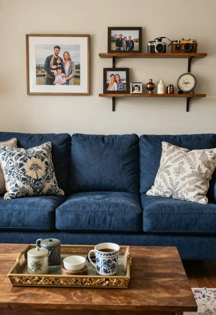 14 Dark Blue Couch Decor Ideas for a Polished Contemporary Vibe - 13. Personalized Decor Details 1