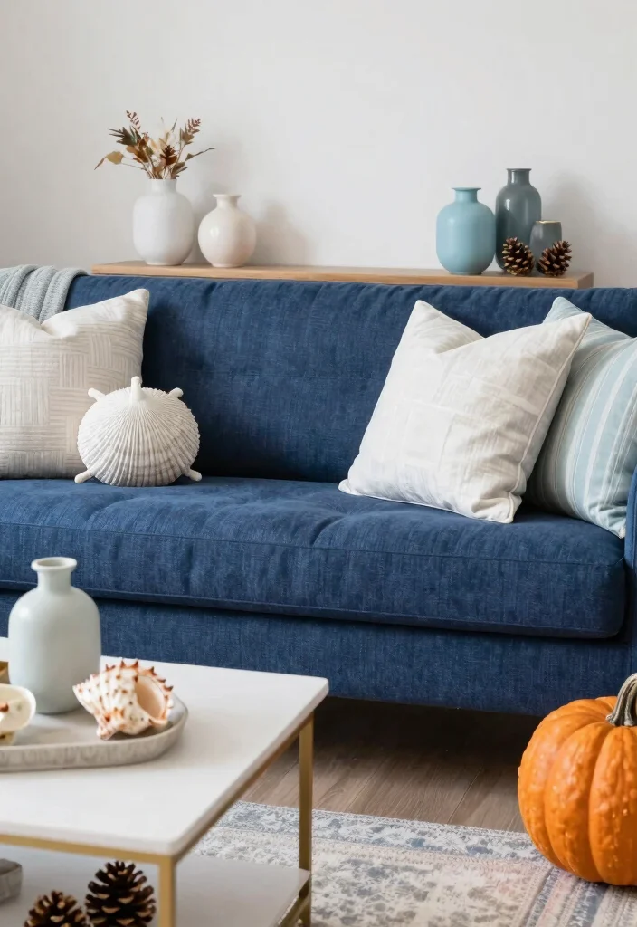 14 Dark Blue Couch Decor Ideas for a Polished Contemporary Vibe - 14. Seasonal Decor Changes 1