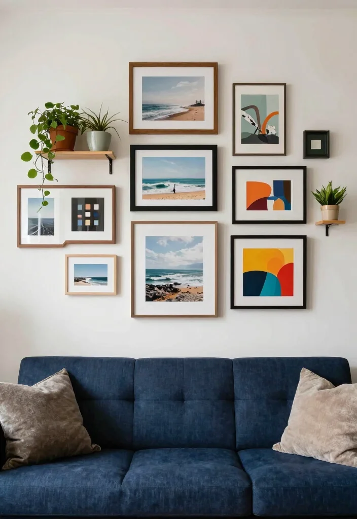14 Dark Blue Couch Decor Ideas for a Polished Contemporary Vibe - 2. Eclectic Gallery Wall 1
