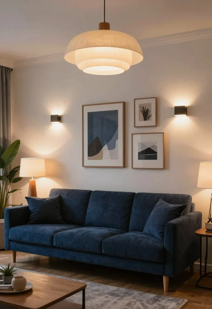 14 Dark Blue Couch Decor Ideas for a Polished Contemporary Vibe - 3. Layered Lighting 1