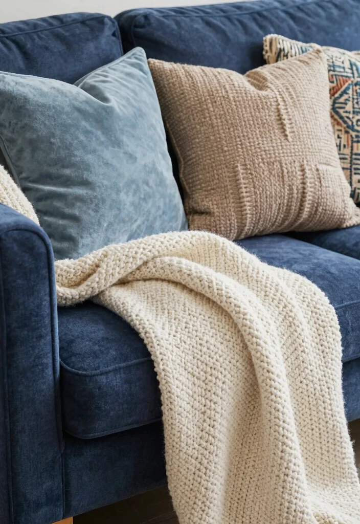 14 Dark Blue Couch Decor Ideas for a Polished Contemporary Vibe - 4. Textured Throws and Pillows 1
