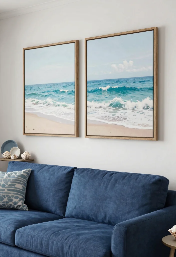 14 Dark Blue Couch Decor Ideas for a Polished Contemporary Vibe - 5. Coastal-Inspired Artwork 1