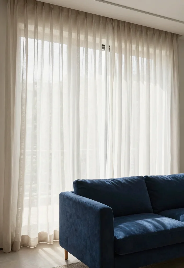 14 Dark Blue Couch Decor Ideas for a Polished Contemporary Vibe - 8. Light and Airy Drapery 1