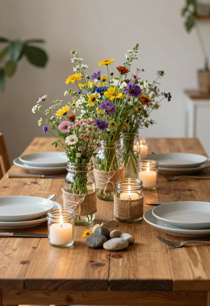 14 Dining Table Decor Ideas for a Beautiful Everyday Setup 23 14 Dining Table Decor Ideas for a Beautiful Everyday Setup - 3. DIY Mason Jar Centerpieces 1