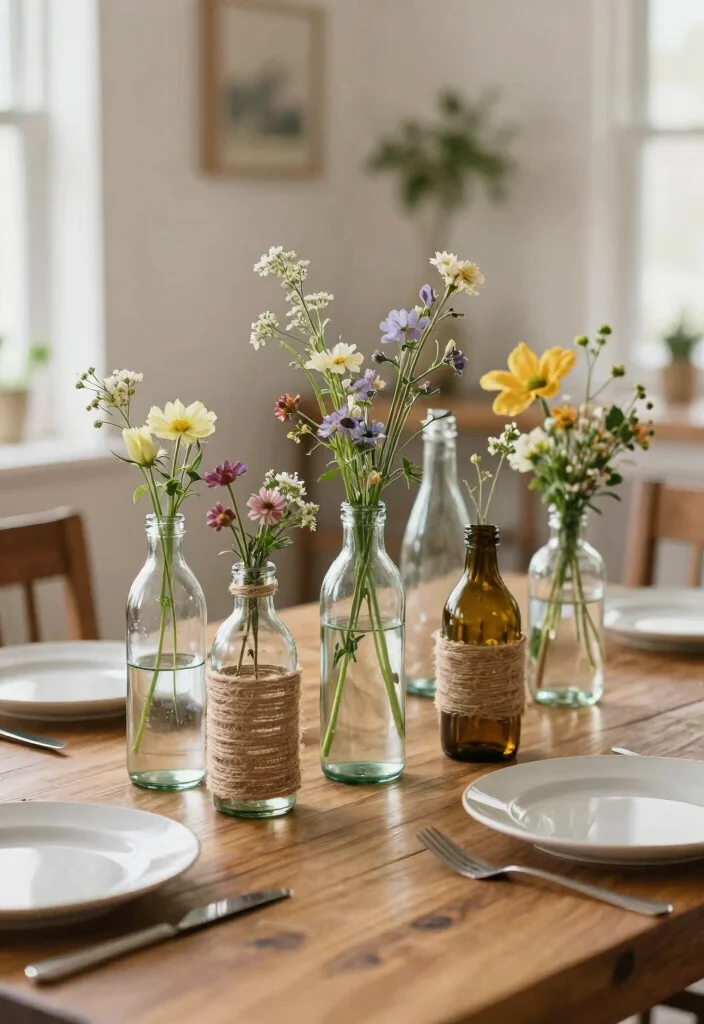 14 Dining Table Decor Ideas for a Beautiful Everyday Setup 67 14 Dining Table Decor Ideas for a Beautiful Everyday Setup - 7. Upcycled Glass Bottles as Vases 1