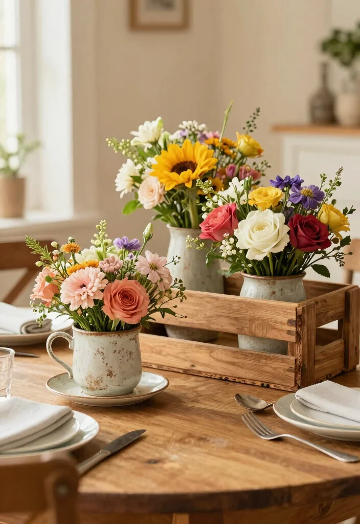 14 Floral Centerpiece Ideas for Fresh Inviting Table Settings 133 14 Floral Centerpiece Ideas for Fresh Inviting Table Settings - 13. Upcycled Container Centerpieces 1