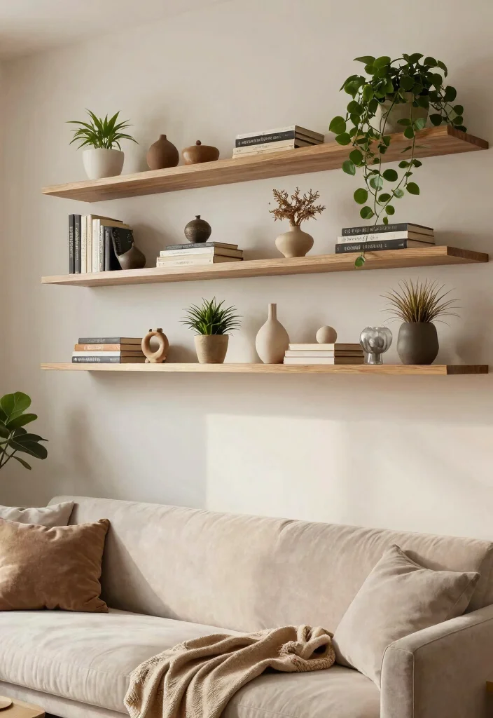 14 Large Wall Decorating Ideas to Fill Big Empty Spaces - 6. Floating Shelves with Decor 1