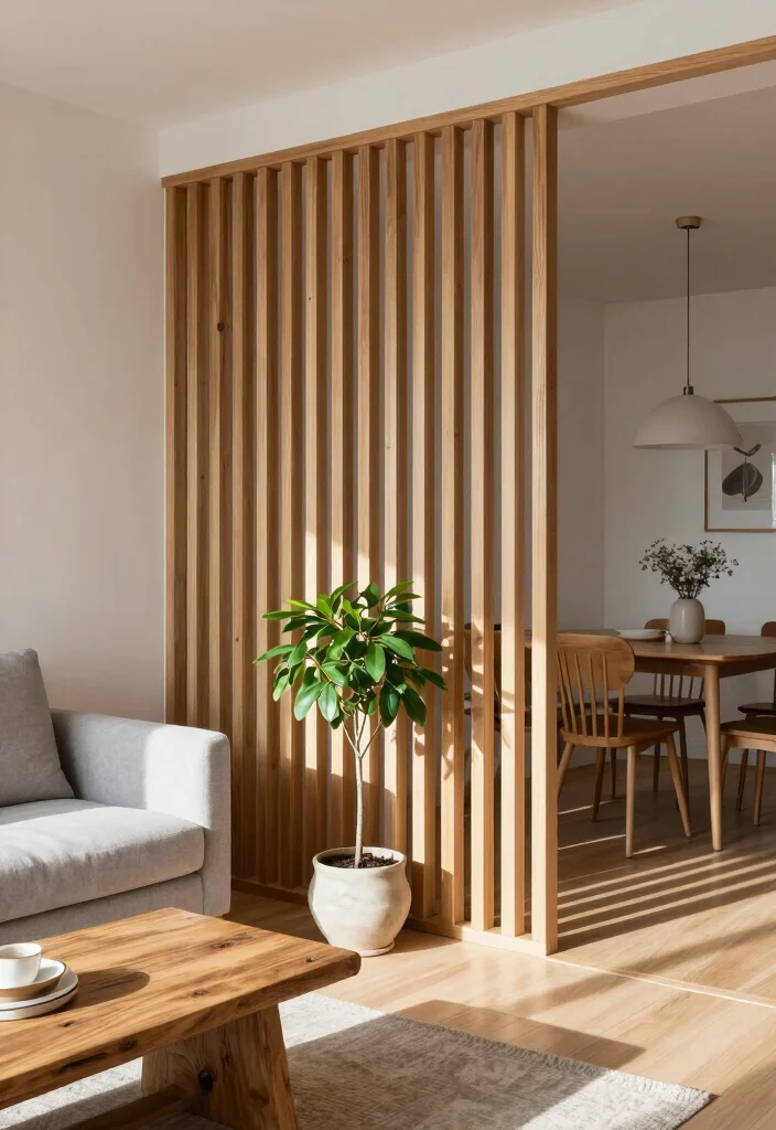 14 Living Dining Room Divider Ideas for Better Space Definition - 1. Natural Wood Slat Dividers 1