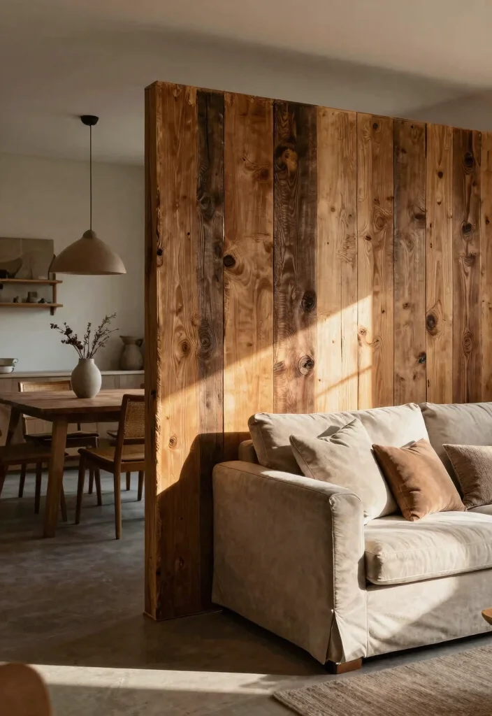 14 Living Dining Room Divider Ideas for Better Space Definition - 11. Reclaimed Wood Dividers 1